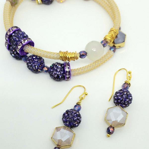 Fun Memory Wire Bracelet and Earring Set, Knitted Chain, Purple Disco Beads, Faceted Glass Beads, Graduation, Wedding or Prom Jewelry.