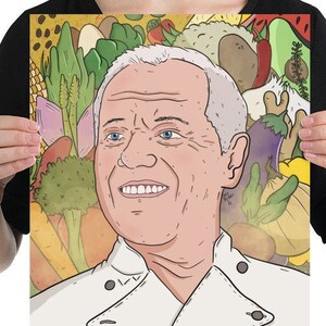 Peut inclure: Une illustration colorée de Wolfgang Puck entouré de légumes. Le texte "Wolfgang Puck" est en bas de l'image.