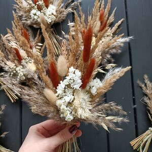 Pu&ograve; includere: Bucaneve di fiori secchi con un mix di erbe e fiori beige, marroni e color ruggine. I bouquet sono legati con spago naturale e includono accenti bianchi. L'immagine mostra diversi bouquet, uno dei quali &egrave; tenuto in mano.
