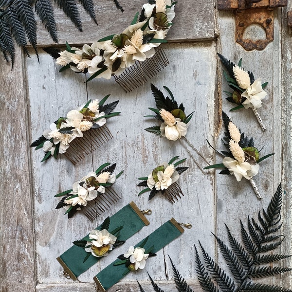 Accessoires / bijoux décoratifs en fleurs séchées et stabilisées dans les tons verts foncés et blancs - Cérémonie - Fantastique - Nymphes