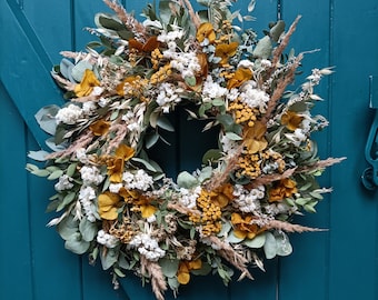 Grande couronne de fleurs et feuillages séchés confectionnée à la main - Printemps - Décoration Beltaine - Couronne porte - Fête des Mères