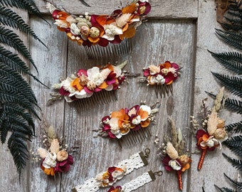 Accessoires de mariage décoratifs en fleurs séchées dans les tons blanc/ bordeaux/ orange/ vert - Boho chic - Mariage - Cérémonie - Coloré