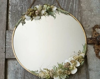 Miroir rond orné de fleurs séchées fait main - Home Déco - Boho Chic - Vintage - Rétro