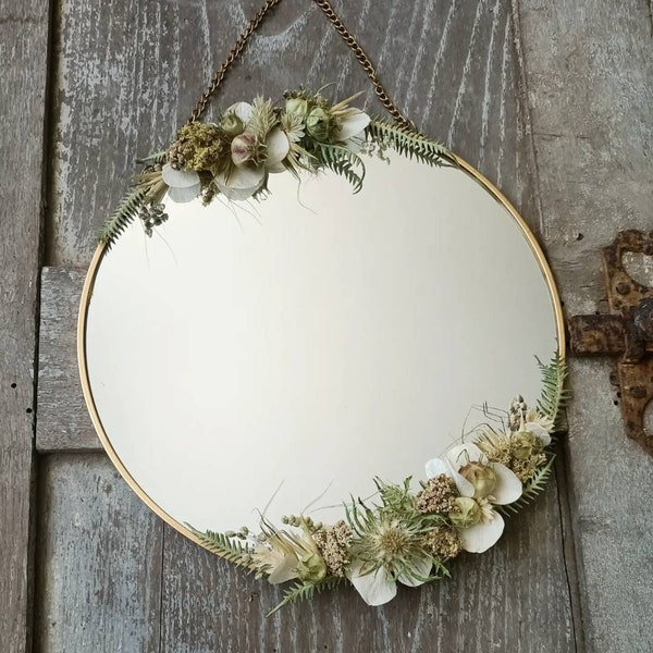 Miroir rond orné de fleurs séchées fait main - Home Déco - Boho Chic - Vintage - Rétro