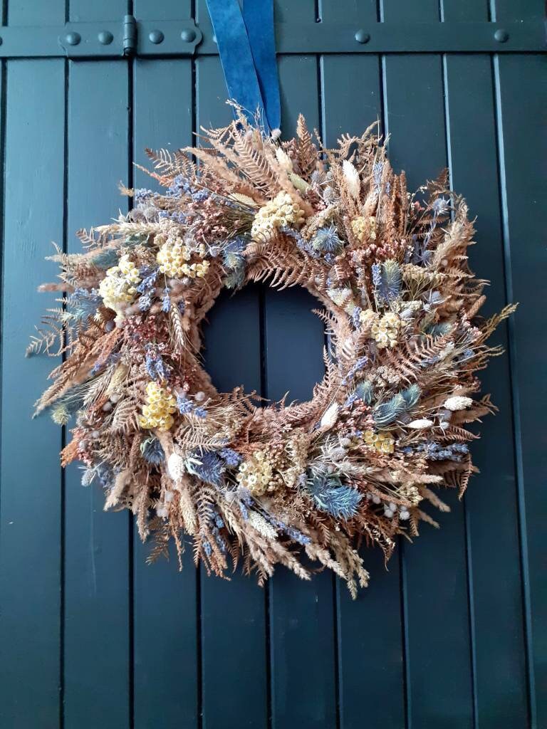 Grande Couronne de Fleurs Séchées Réalisée à La Main - Naturel Scandinave Hivernale Hiver