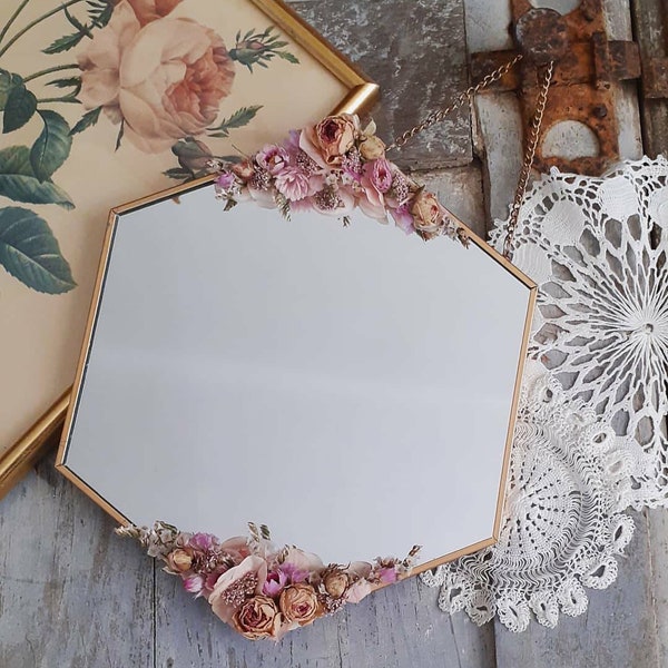 Miroir hexagonal orné de fleurs séchées personnalisable - Home Déco - Boho Chic - Vintage - Rétro