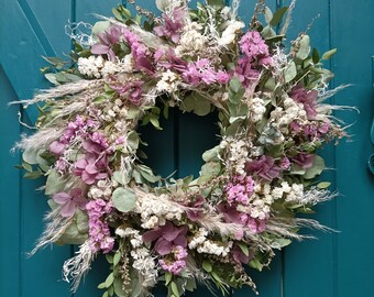 Grande couronne de fleurs et feuillages séchés confectionnée à la main - Printemps - Décoration Beltaine - Couronne porte - Cottagecore