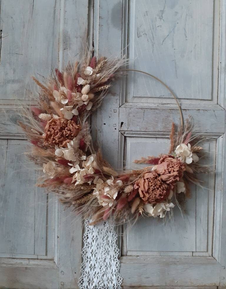 Couronne de Fleurs Séchées Naturelles Réalisée à La Main - Pièce Unique Romantique Bohème Rose Natur