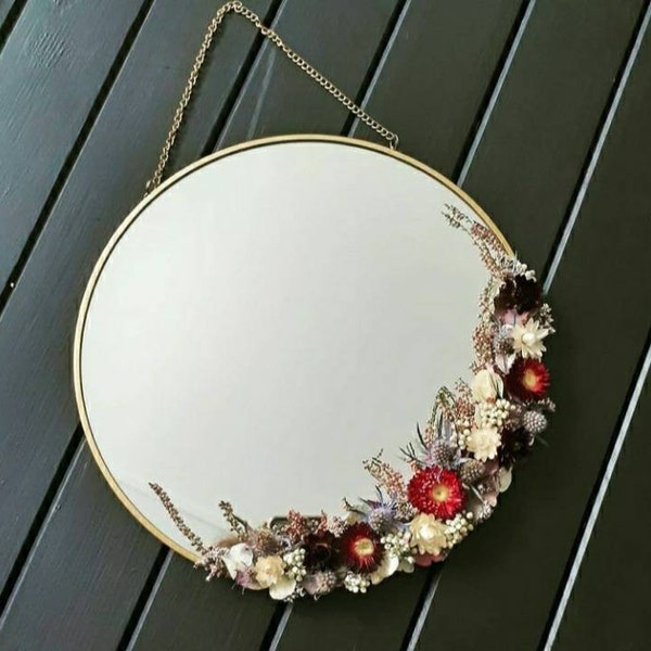 Miroir rond à personnaliser orné de fleurs séchées fait main - Home Déco - Boho Chic - Vintage - Rétro