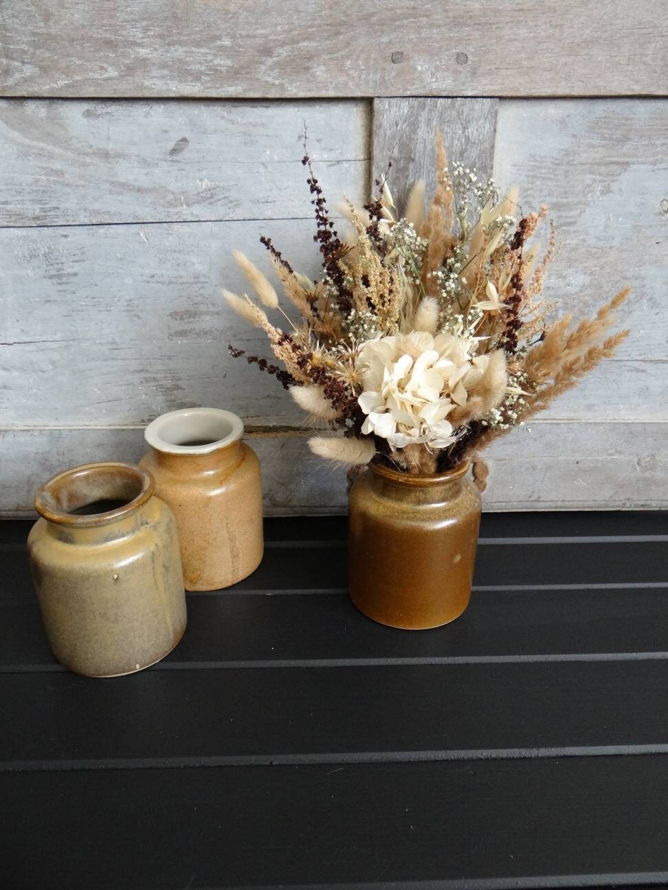 Bouquet de Fleurs Séchées avec Son Pot en Grès Vintage - Champêtre Boho Chic Décoration