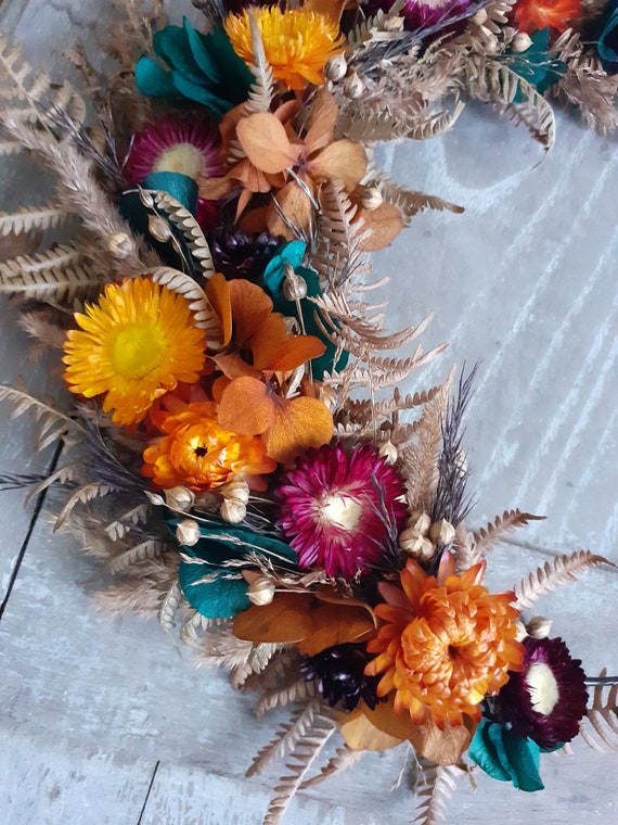 Corona de flores secas hecha a mano colorida y brillante - Etsy España