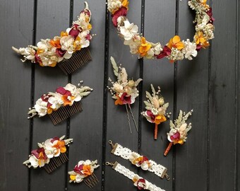 Accessoires de mariage décoratifs en fleurs séchées dans les tons blanc/ bordeaux/ orange/ vert - Boho chic - Mariage - Cérémonie - Coloré