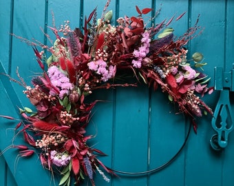 Couronne de fleurs et feuillages séchés confectionnée à la main - Printemps - Décoration Colorée - Fête des mères