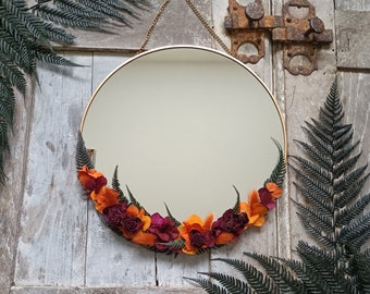 Miroir rond orné de fleurs séchées et stabilisées - Fait main - Green Witch - Witchcraft - Déco printemps