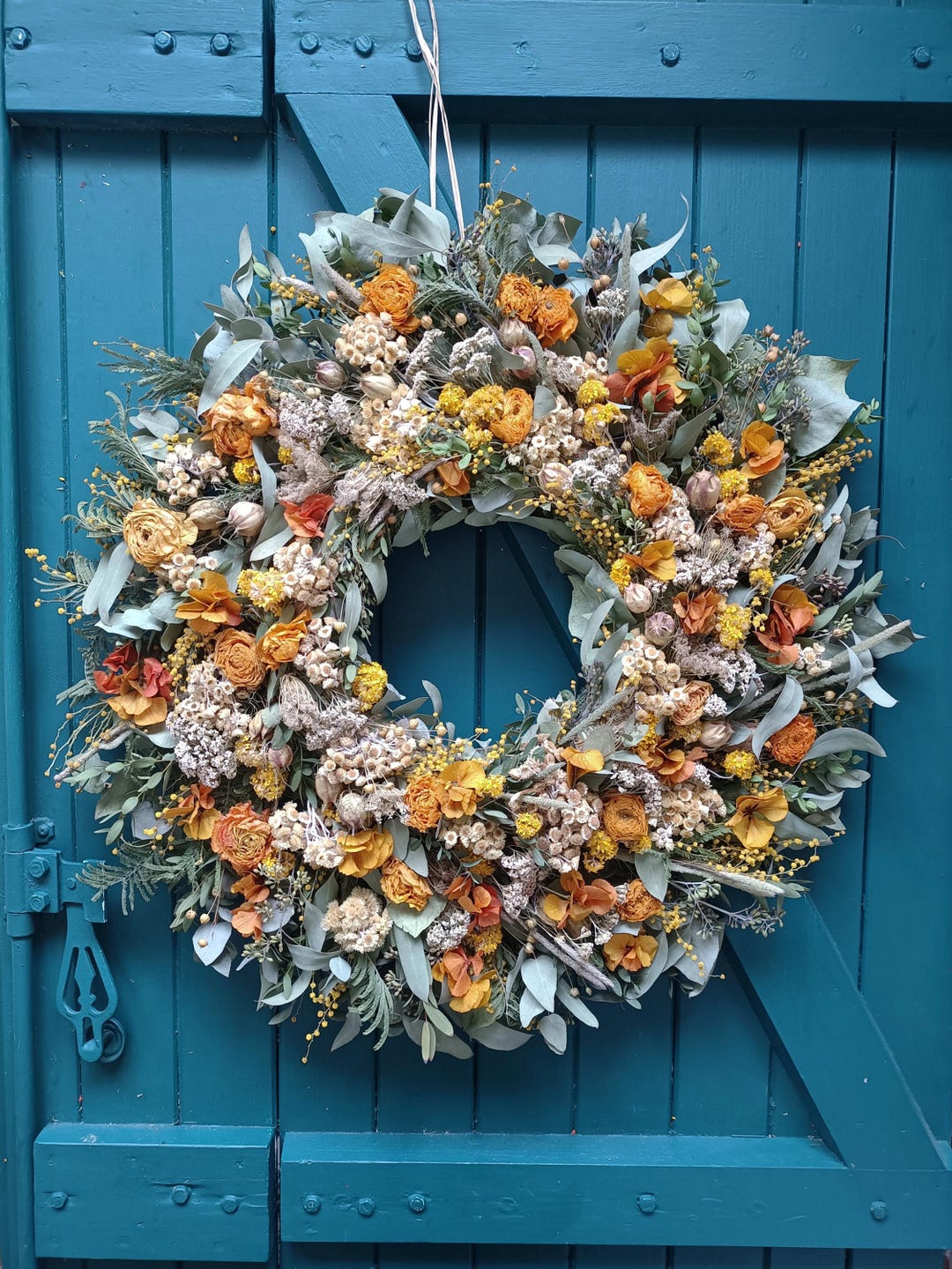 Couronne D'automne 61 Cm Pour Porte - Composition Fleurs Et Fruits Artificiels, Déco Ferme Ou Porche - 9
