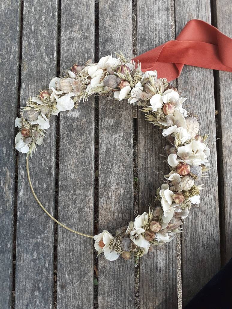 Couronne Murale de Fleurs Séchées Réalisée à La Main, Douce et Lumineuse - Vintage Décoration Unique