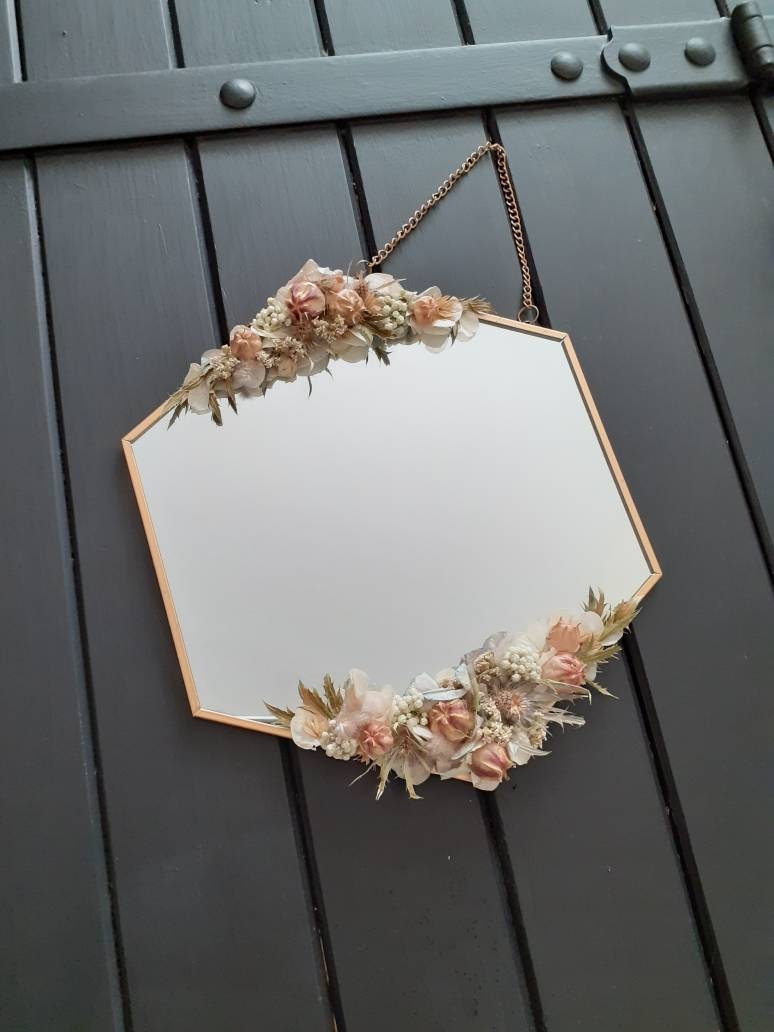 Miroir Hexagonal Orné de Fleurs Séchées Réalisé à La Main - Home Déco Boho Chic Vintage Deco Nature 