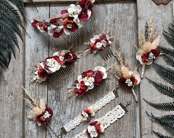 Accessoires de mariage décoratifs en fleurs séchées dans les tons blanc/ bordeaux/ lavande - Boho chic - Mariage - Cérémonie - Bordeaux