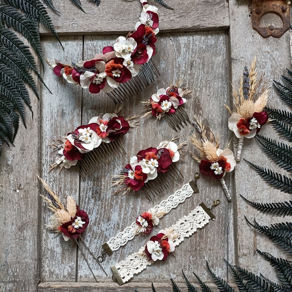 Decorative wedding accessories made of dried flowers in white/burgundy/lavender tones - Boho chic - Wedding - Ceremony - Bordeaux