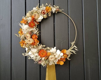Handmade wall wreath of dried flowers - Vintage - Summer - Orange decor - Autumn