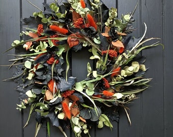 Grande couronne de fleurs et feuillages séchés confectionnée à la main - Automne - Décoration Automne - Witchcraft - Halloween - Witch Décor