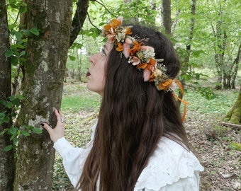 Couronne de tête en fleurs séchées et stabilisées confectionnée à la main - Mariage - Pastel - Printemps - Romantique - Bohème