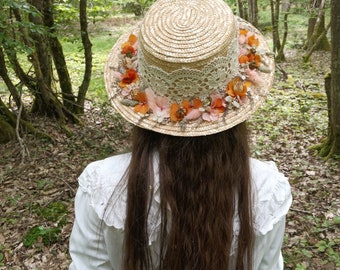 Handgefertigter Strohhut mit Trockenblumen verziert - Frühling - Bunt - Hochzeitshut - Natur