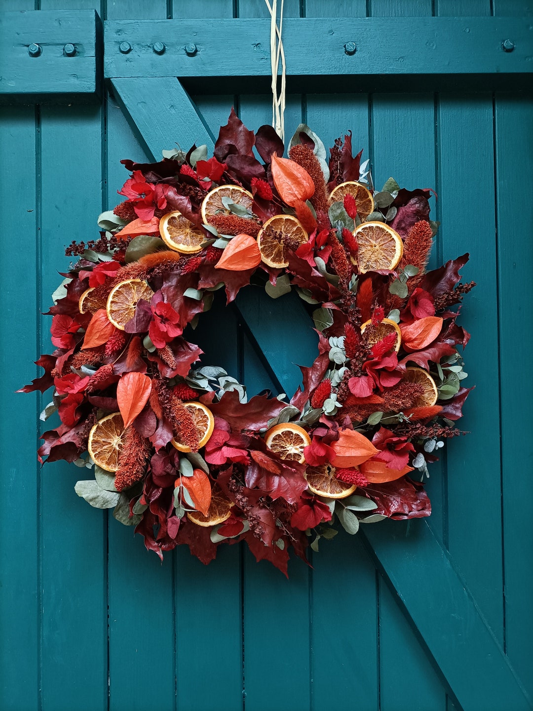 Couronne D'automne 61 Cm Pour Porte - Composition Fleurs Et Fruits Artificiels, Déco Ferme Ou Porche