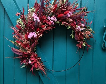 Couronne de fleurs et feuillages séchés confectionnée à la main - Printemps - Décoration Colorée - Fête des mères