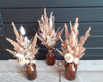 Bouquet de fleurs séchées avec son pot à pharmacie ambré - Vintage - Apothicaire - Décoration - Mariage - Personnalisable
