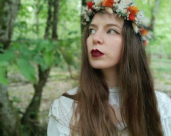 Handgefertigter getrockneter und konservierter Blumenkopfkranz - Hochzeit - Orange - Frühling - Romantisch - Boho