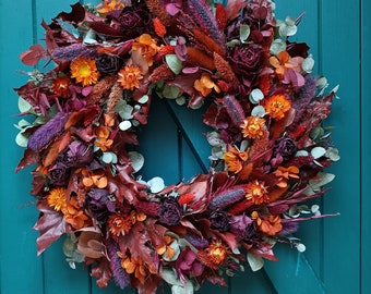 Grande couronne de fleurs et feuillages séchés confectionnée à la main - Automnale - Déco Automne - Couronne porte - Halloween