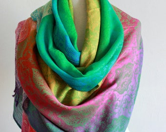 Green Rainbow Pashmina Scarf, Woman Scarves, Green Pashmina Scarves, Shawl, Scarf, Gift ideas, Summer Shawl Scarf, Summer Gift For Woman