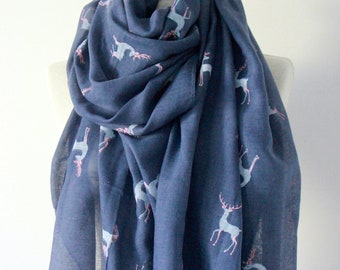 Stag Deer Scarf Wrap Pashima Shawl Rose Gold Foil Cotton Animal Lovers Gift 