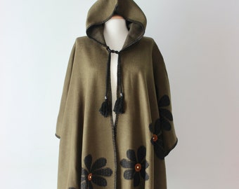 Poncho Cape With Hood / Dark Green Brown Poncho / Floral Embroidered Poncho Cape / Hood Poncho / Woman Poncho / Female Poncho