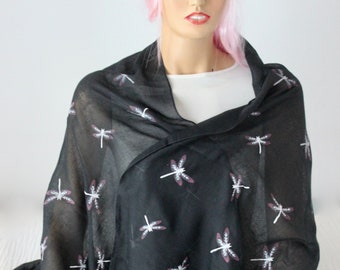 Dragonfly Black Cotton Shawl Scarf - Love Gift Ideas - Dragonfly Accessories - Dragonfly Shawl - Black Cotton Scarf - Endless Love - Scarf