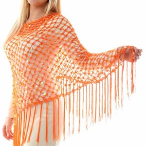 Orange Crochet Shawl, Handmade Boho Sequin Fringe Wrap, Lightweight Evening Cover-Up