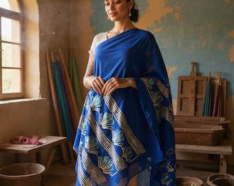 Royal Blue Embroidered Scarf – Floral Gold Thread Cotton Shawl