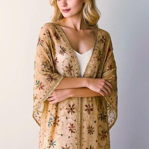 Sparkly Floral Embroidered Lace Tulle Beige Shawl / Sequin Embroidered Shawl Wraps / Elehand Lace Embroidered Shael / Night Shawl / Wedding