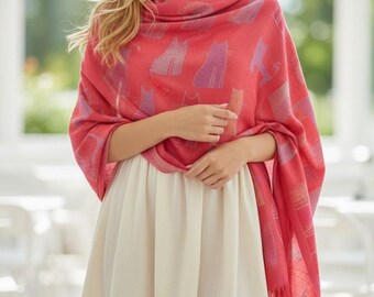 Cat Pashmina Shawl – Cat Lover Gift – Soft Viscose Cotton Wrap – Lightweight Fringe Scarf for Women – Boho Fashion Accessory - Red Pashmina