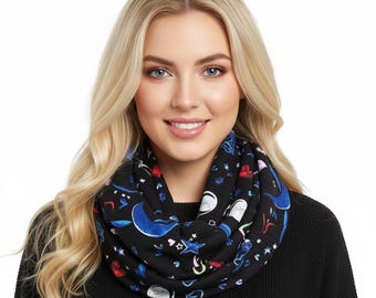 Bufanda negra de algodón con diseño infinito – Estampado de estrellas, lunas y corazones – Tejido suave y ligero – Bufanda con estampado celestial único para mujer