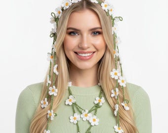 Crochet Daisy Garland, Boho Necklace Belt Headband, 3M Floral Jewelry