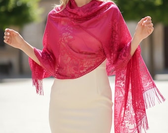 Hot Pink Lace Shawl – Lightweight Floral Wrap, Fringe Evening Shoulder Cover