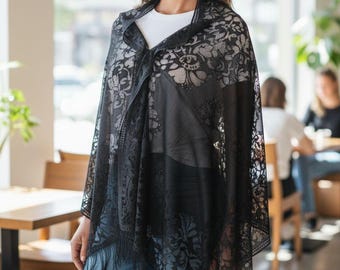 Floral Lace Scarf Shawl – Vintage Boho Fringed Wrap