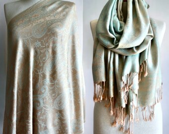 Pashmina Shawl Wraps Scarf - Beige Aqua Green  Pashmina Shawl - Woman Shawls Wraps - Gift Shawl - Spring Gifts Ideas For Woman - Shawl