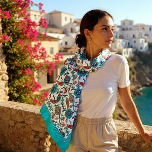 Luxury Silk Scarf Inspired by Ottoman Tile Art – A Stunning Dance of Blue and Red - Square Silk Scarf - Silk Hijab - Floral Silk Scarf