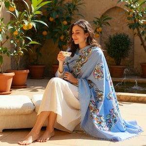 Hand Embroidered Blue Cotton Scarf – 180x50 cm Soft Shawl, Boho Paisley Pattern Wrap, Lightweight Summer Scarf, Unique Gift for Her