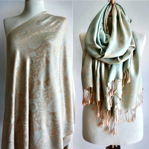 Silk Pashmina Shawl Scarf Wraps Mothers Day Gifts Mom Gift Camel Pashmina Wedding Shawl Beige/AquaGreen