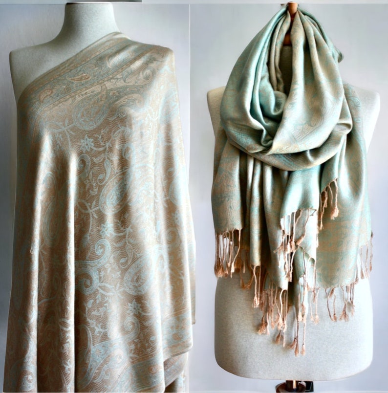 Silk Pashmina Shawl Scarf Wraps Mothers Day Gifts Mom Gift Camel Pashmina Wedding Shawl Beige/AquaGreen