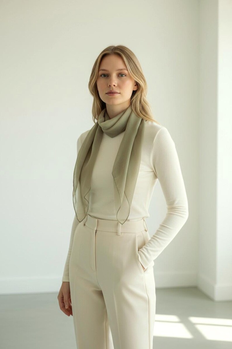 May include: A woman wearing a light green scarf, a white long-sleeve shirt, and cream-colored pants. The scarf is draped around the neck and falls down the front. The pants have a high waist and a straight leg.